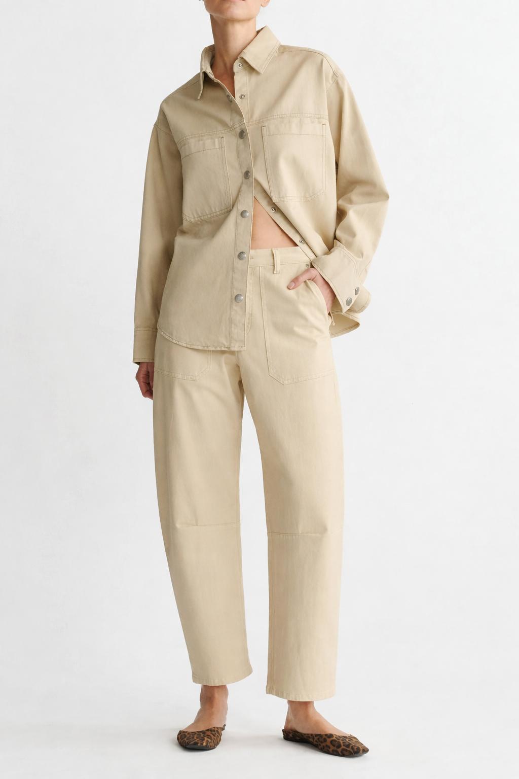 Cream button-front shirt jacket with matching wide-leg pants