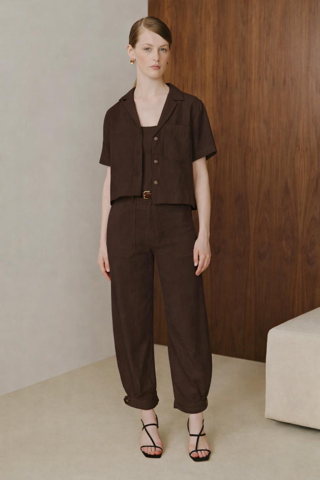 Dark brown camp collar shirt with matching belted pants