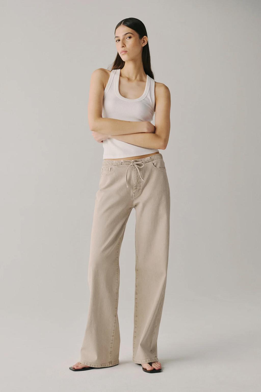 Oat drawstring wide-leg pants with white tank top